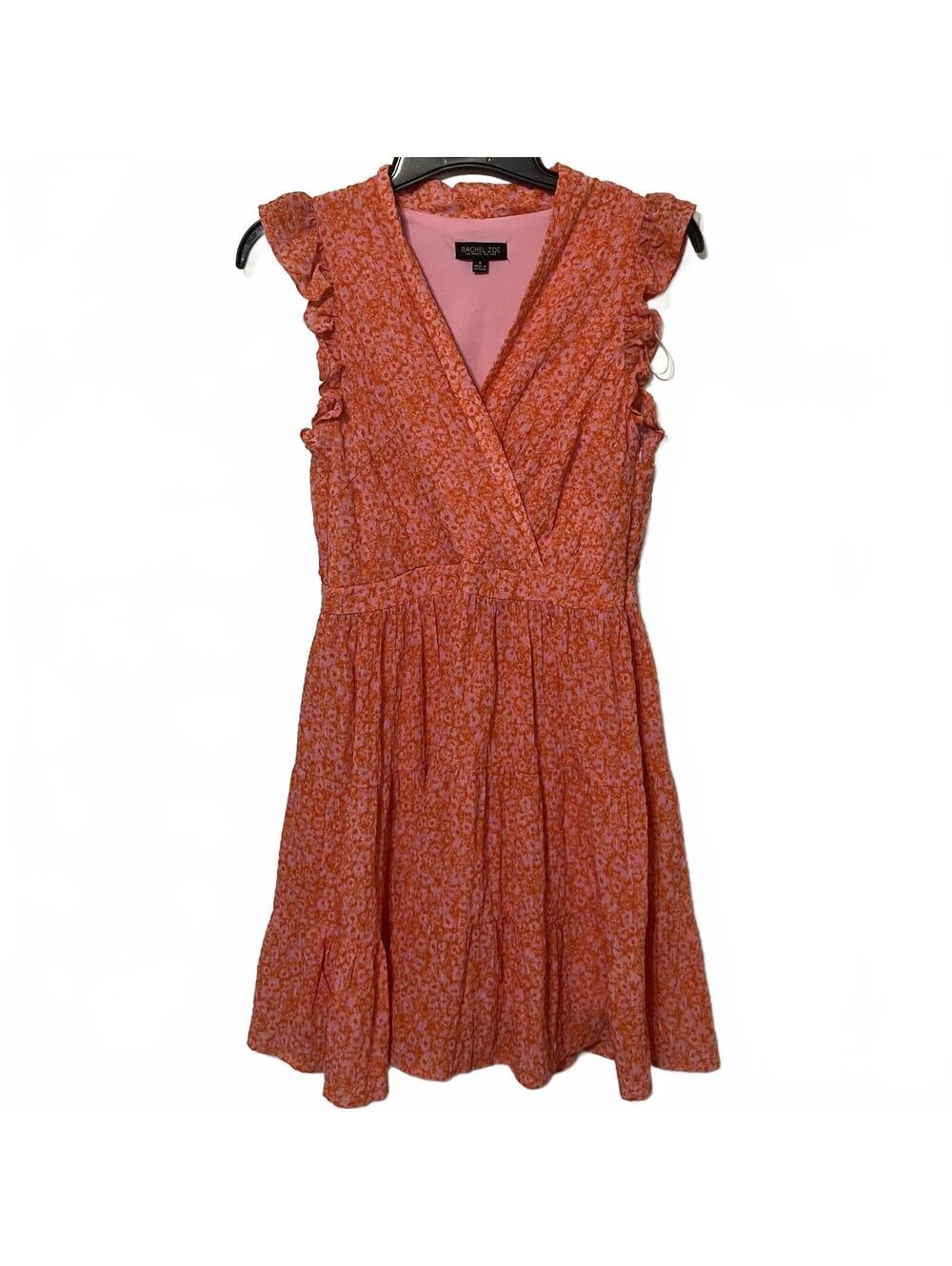 Rachel Zoe Orange Pink Floral Ruffle Sleeve Coquette Feminine V-Neck Dress Sz 8